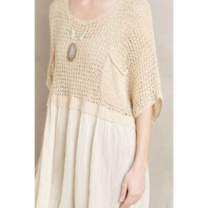 Mes Demoiselles Beige Cream Crochet Crinkle Mixed Media Boho Coastal Tunic Top L